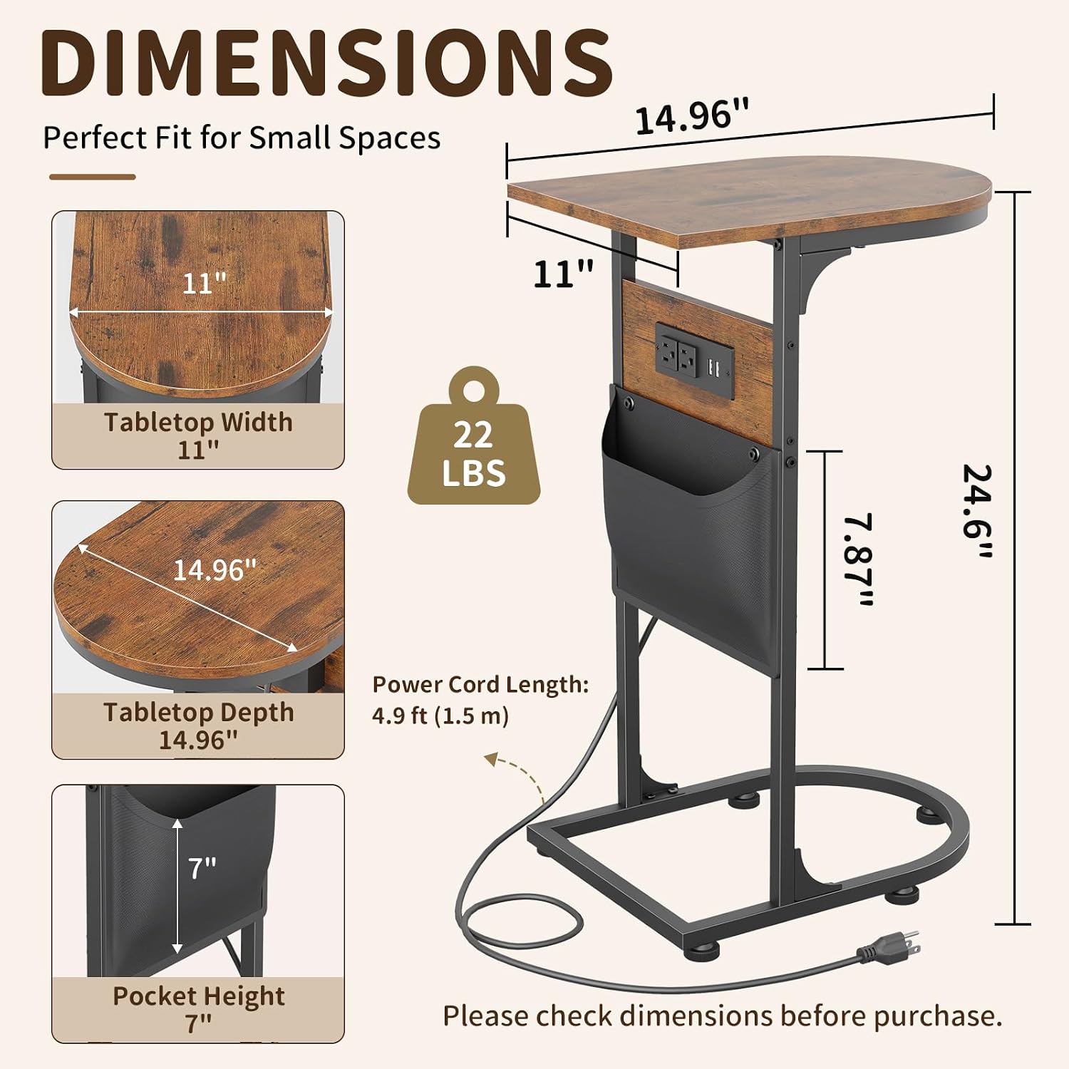 C Shaped End Table with Charging Station, Small Side Table for Couch, C Table Slides Under Sofa with Storage Bag, TV Tray Table for Recliner, Living Room, Bedside, Bedroom, Small Spaces, Rustic Brown