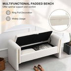 NIOIIKIT 52" Storage Ottoman Bench, Teddy Upholstered Storage Bench with Armrest, Entryway Bench with Pull-Ring, End of Bed Bench with Padded Cushion, Window Bench for Living Room (White)