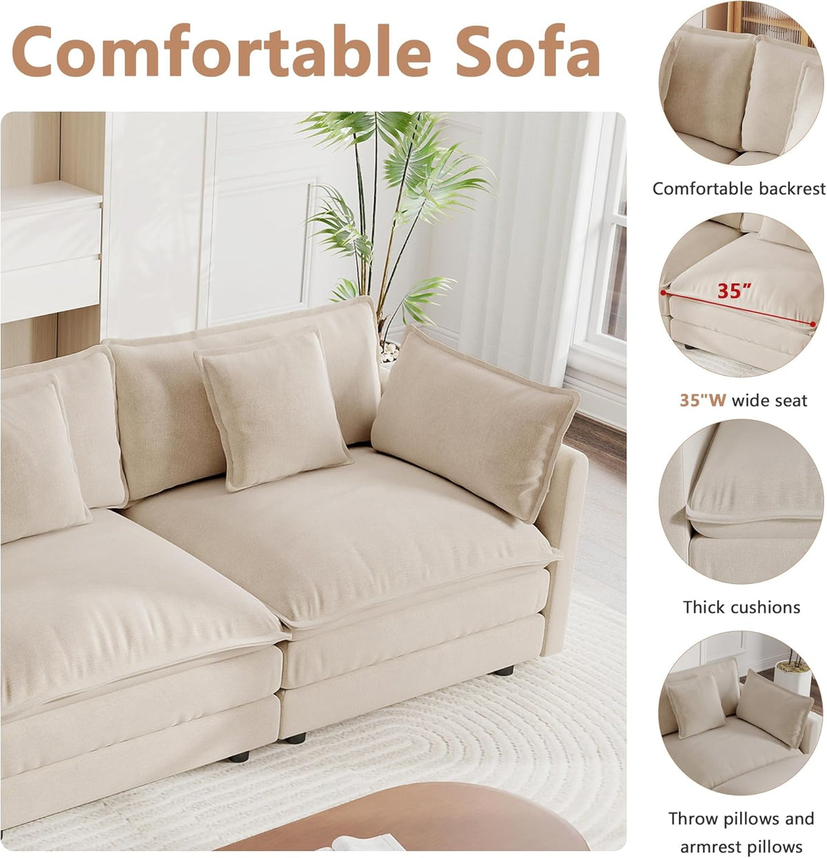 mikibama Luxury Oversized 3 Piece Sofa Set, 2 Pieces of 2 Seater and 1 Piece of 3 Seater Sofa, Modern Chenille Comfy Cloud Couches Set with 13 Pillow for Living Room Office, Light Coffee