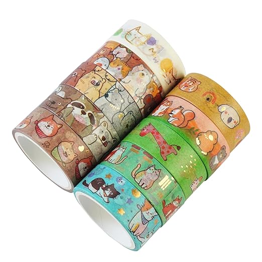 20 Rolls Cute Animals Washi Tape Set, Gold Silver Foil Cartoon Pets Decorative Tape for Bullet Journal, Planner, DIY Arts Crafts, Scrapbooking, Holiday Decoration