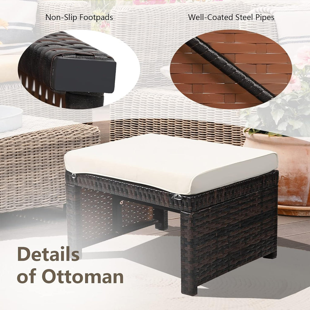 2-Piece Wicker Ottomans, Outdoor Rattan Foot Rest Set of 2 w/Removable Cushions, Multipurpose Foot Stool, Side Table & Additional Seating for Patio, Backyard & Poolside (Off White)