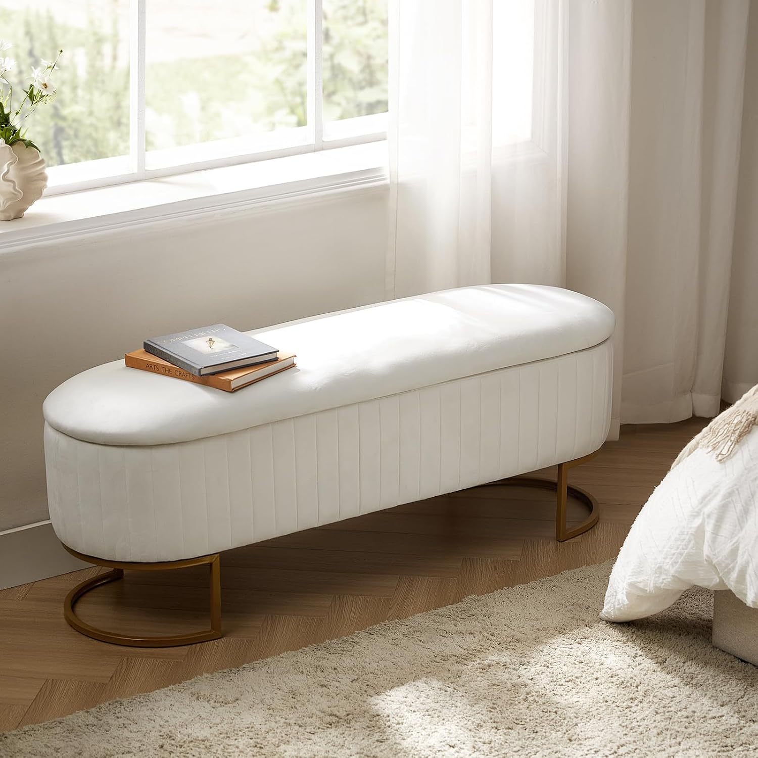 50.5” Velvet Storage Ottoman Bench with Gold-Toned Legs, Luxury Upholstered End of Bed Multi-Functional Footrest & Seat for Bedroom & Entryway