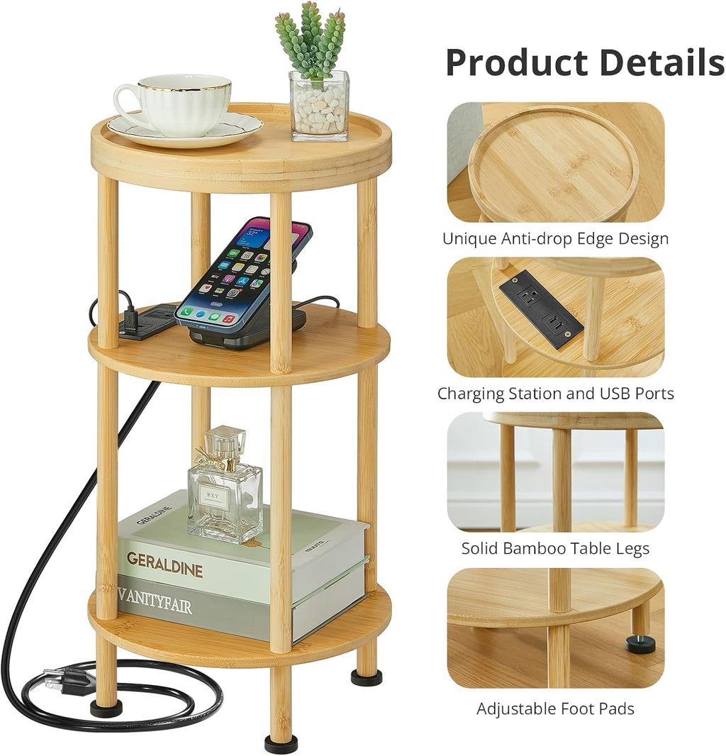 3-Tier Bamboo Round Side Table with Charging Station, Small Round Bamboo End Table with USB Ports & Power Outlets - Corner Table Sofa End Table for Living Room, Bedroom (with Outlet, Natural)