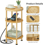 3-Tier Bamboo Round Side Table with Charging Station, Small Round Bamboo End Table with USB Ports & Power Outlets - Corner Table Sofa End Table for Living Room, Bedroom (with Outlet, Natural)