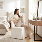White Tufted Makeup Vanity Chair with Wheels, Small Upholstered Skirted Slipper Accent Chair with Low Back & Metal Legs, Armless Rolling Vanity Stool Desk Chair for Living Room Bedroom