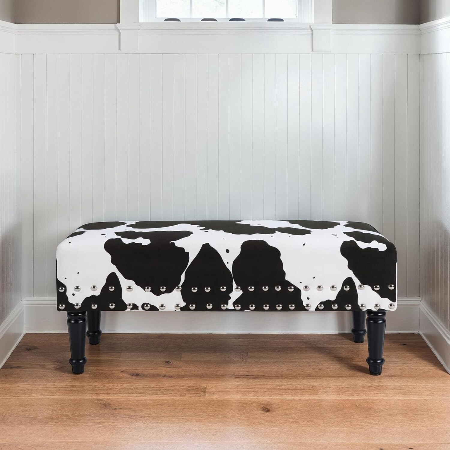 HomeStock Urban Upmarket Faux Cowhide Bench with Nailheads, Bold Statement Piece with Nailhead Trim, Additional Seating, 40" L x 17" W x 17" H in Plush Faux Velvet Fabric