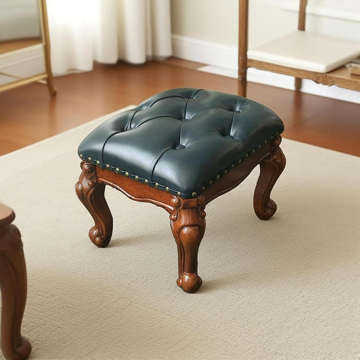 Leather Foot Stool,Vintage Footstools,Wooden Footrest,Upholstered Foot Rest for Living Room,Sofa,Entryway,Solid Wood Stool Walnut (Blue)
