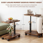 Adjustable TV Tray Side Table 360°Swivel Rolling, Rustic Brown | Adjustable Height, C Shaped, Snack End Table, Wheels, Tablet Slot, Slide Under Sofa, For Small Spaces Living Room Couch Bed