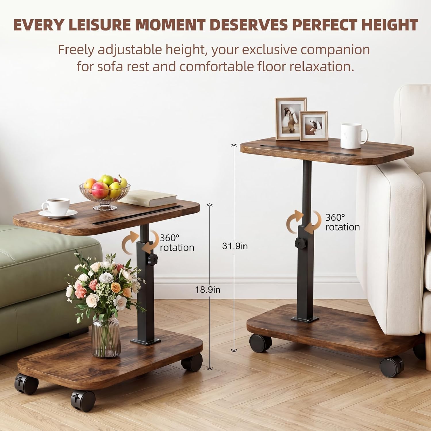 Adjustable TV Tray Side Table 360°Swivel Rolling, Rustic Brown | Adjustable Height, C Shaped, Snack End Table, Wheels, Tablet Slot, Slide Under Sofa, For Small Spaces Living Room Couch Bed