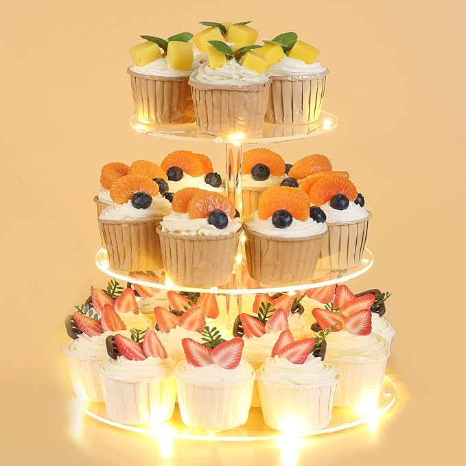 3 Tier Round Cupcake Stand Cupcake Holder, Acrylic Cupcake Tower with LED Yellow Light for 24 Cupcakes, Dessert Table Display Set for Birthday, Bar, Decor Weddings, Parties Events
