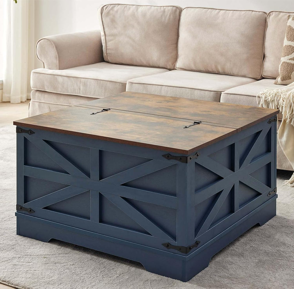 Farmhouse Coffee Table and End Table Sets of 3, 3 Piece Living Room Tables Set with Charging Station, Lift Top Coffees and 2 Large Side, Wood Furniture Sets with Storage, Blue