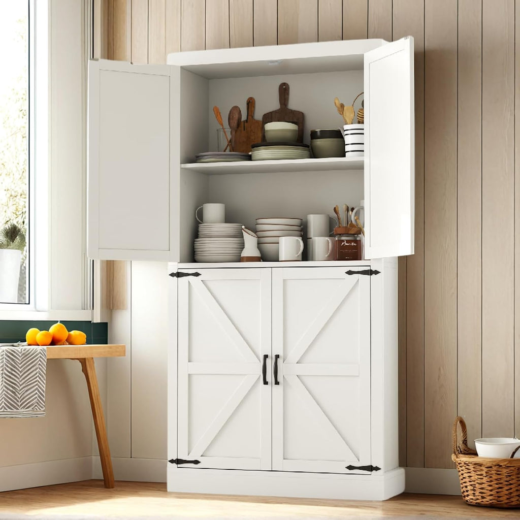 Gyfimoie 70" Tall Kitchen Pantry, Farmhouse Storage Cabinet with Barn Doors,Kitchen Hutch Pantry Cabinet with Adjustable Shelves,Organizer,Rustic Wood Cupboard for Dining Room, Bathroom (White)