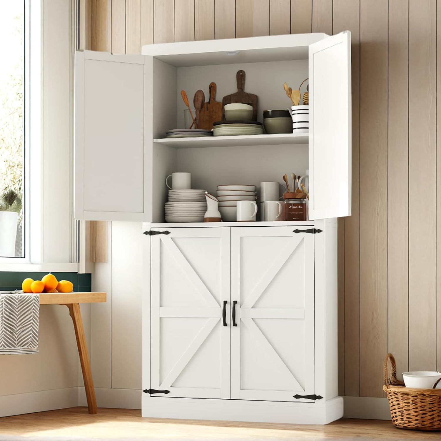 Gyfimoie 70" Tall Kitchen Pantry, Farmhouse Storage Cabinet with Barn Doors,Kitchen Hutch Pantry Cabinet with Adjustable Shelves,Organizer,Rustic Wood Cupboard for Dining Room, Bathroom (White)