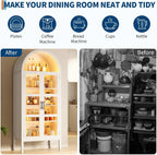 70" Tall Arched Pantry Cabinet with Tempered Glass Doors and LED Lighting - Modern Wood Display Storage with Adjustable Shelves and Acrylic Side Panels - for Kitchen, Dining, Living Room -