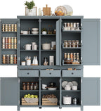 Pantry Storage Cabinet with Door Shelves and Drawers, Freestanding Tall Cupboard with Adjustable Shelves and Pull-Out Trays (Gray)