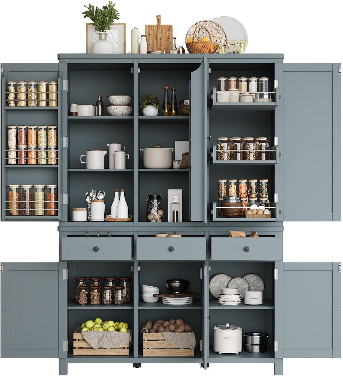Pantry Storage Cabinet with Door Shelves and Drawers, Freestanding Tall Cupboard with Adjustable Shelves and Pull-Out Trays (Gray)