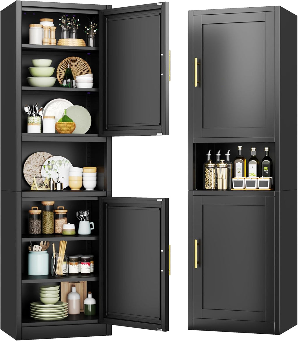 67" Tall Pantry Cabinet, Kitchen Pantry Storage Cabinet with Doors and Shelves, Slim Freestanding Storage Cabinet, Metal Utility Cabinet with Adjustable Shelves, Cord Hole, Reversible Door, Black 1