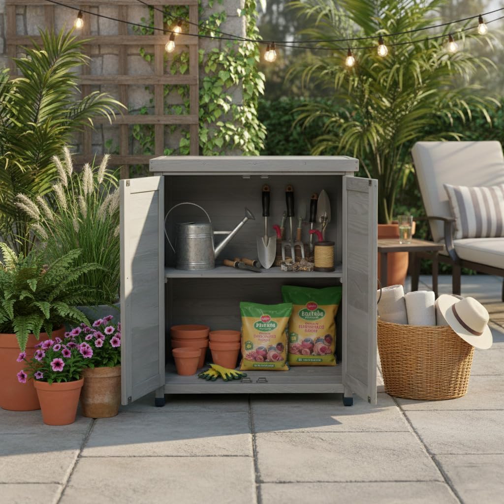 31" Weatherproof Small Storage Cabinet, Storage Cabinets with Premium Hemlock Wood, Tool Cabinet with Magnetic Door for Patio & Garage, Gray