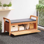 Solid Acacia Wood Patio Storage Bench with Cushion, Curved Arms, and Ample Storage Space for Garden Organization