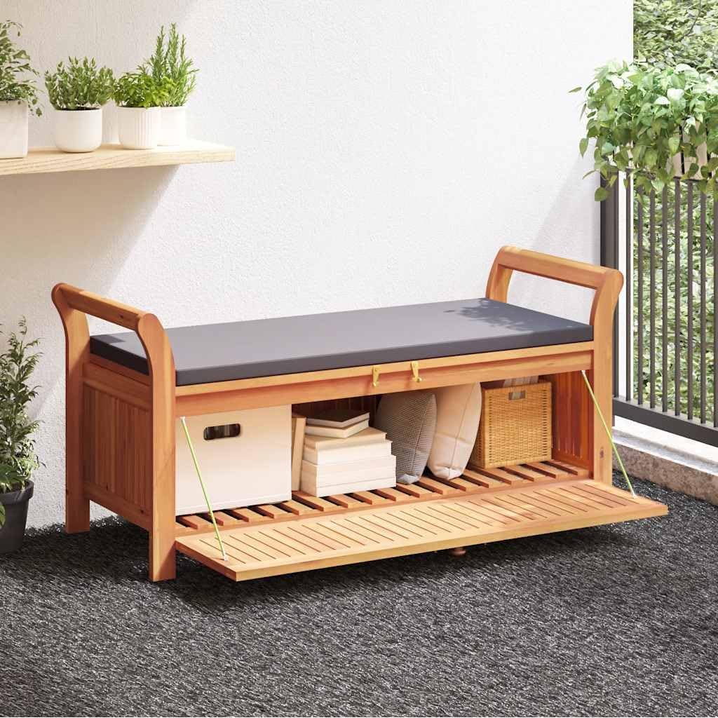 Solid Acacia Wood Patio Storage Bench with Cushion, Curved Arms, and Ample Storage Space for Garden Organization
