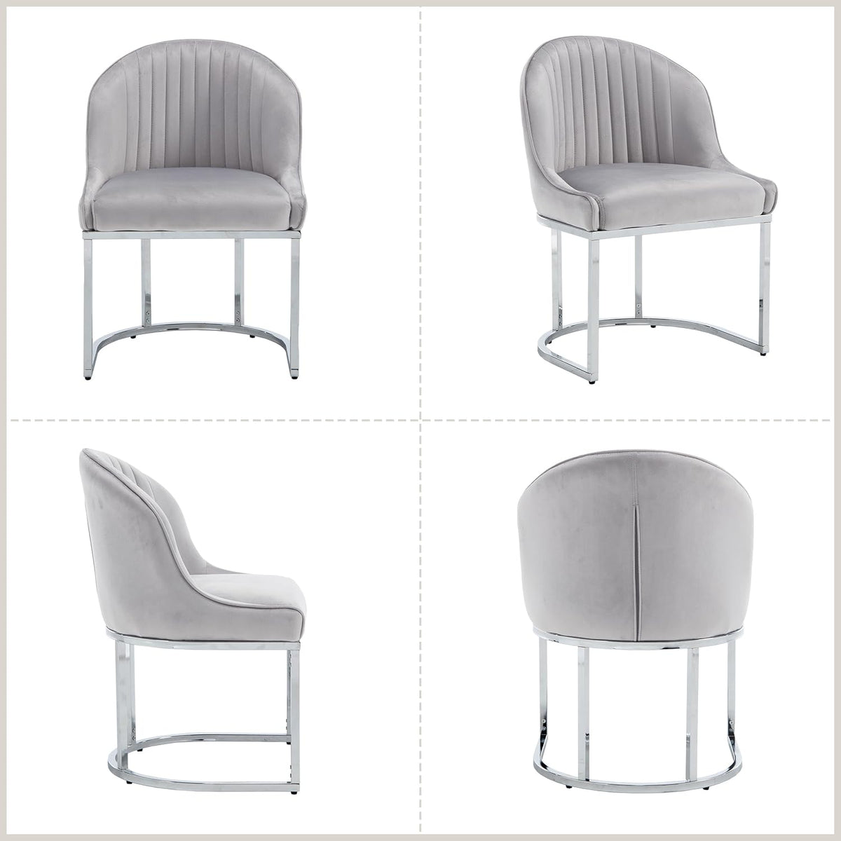 Velvet Dining Chairs Set of 4, Modern Upholstered Barrel Dining Chairs with Chrome U-Shaped Base, 18.5" Wide Accent Chairs Dressing Chair Lounge Chair, Grey