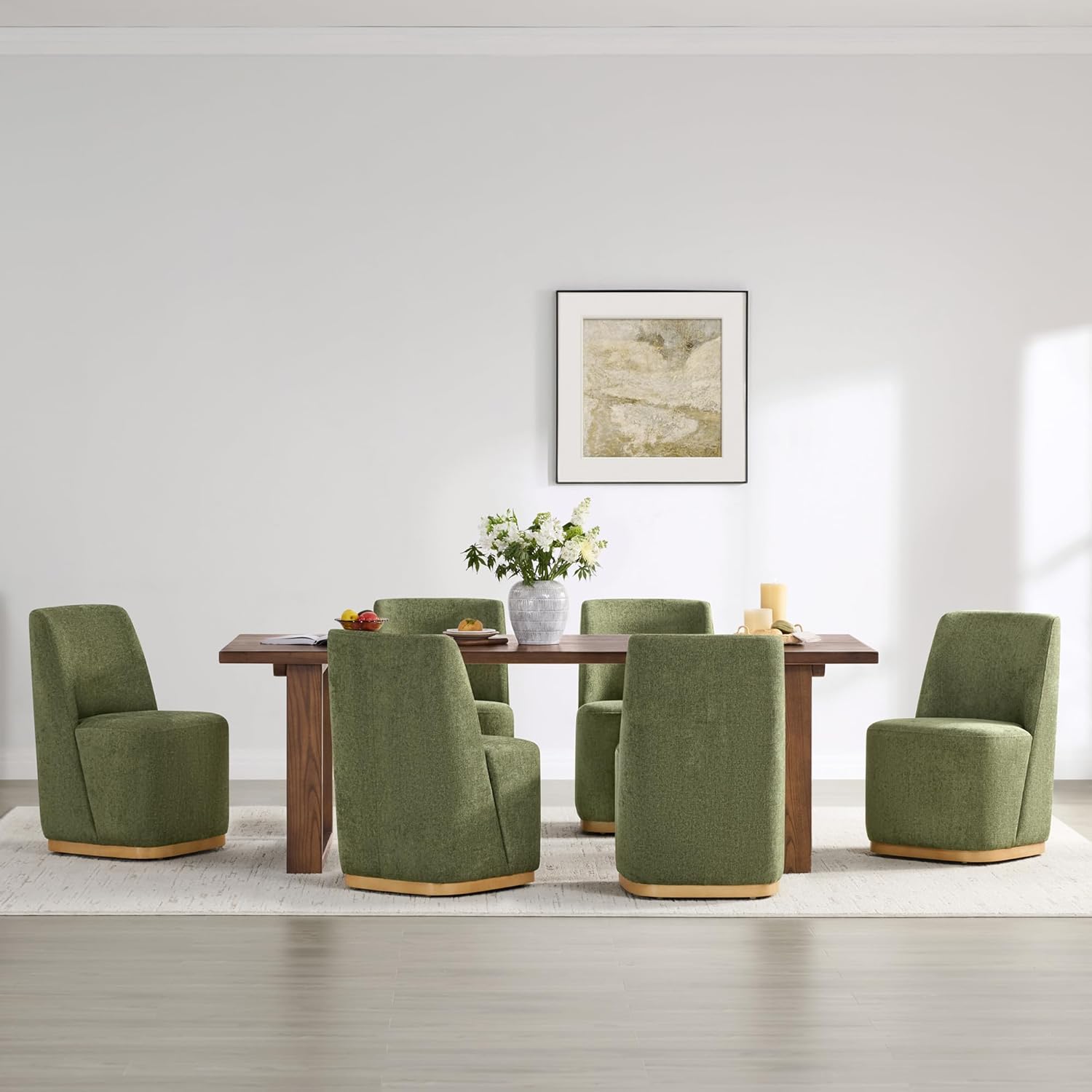 CHITA Upholstered Rolling Dining Chair on Casters Set of 2, FSC Certified Modern Fabric Dining Chair with Casters, Boucle Dining Chairs for Reading Room Kitchen Dining Room, Moss Green