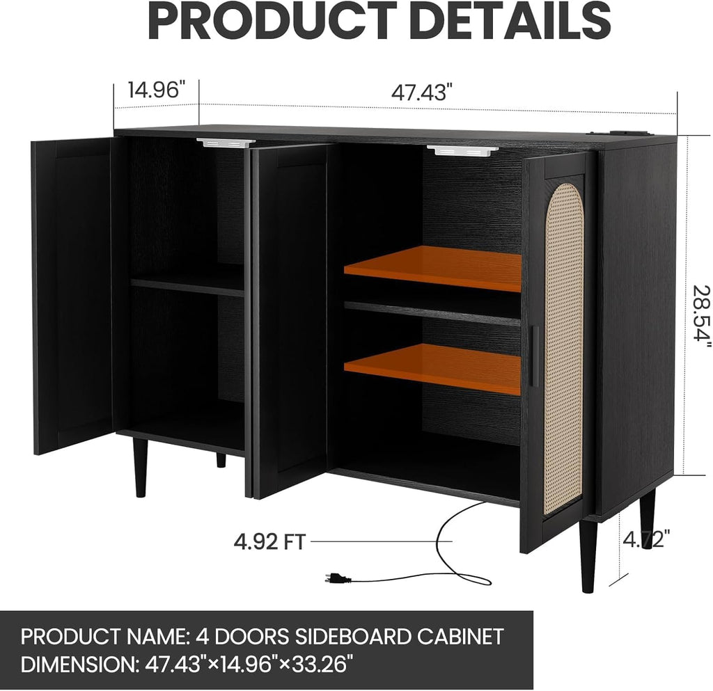 Patikuin Rattan Sideboard Buffet Cabinet, Boho Accent Storage Cabinet, 4 Doors Console Table Coffee Bar with Power Outlet, Adjustable Shelves for Kitchen, Dining Room, Hallway, Living Room (Black_2)
