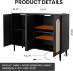 Patikuin Rattan Sideboard Buffet Cabinet, Boho Accent Storage Cabinet, 4 Doors Console Table Coffee Bar with Power Outlet, Adjustable Shelves for Kitchen, Dining Room, Hallway, Living Room (Black_2)
