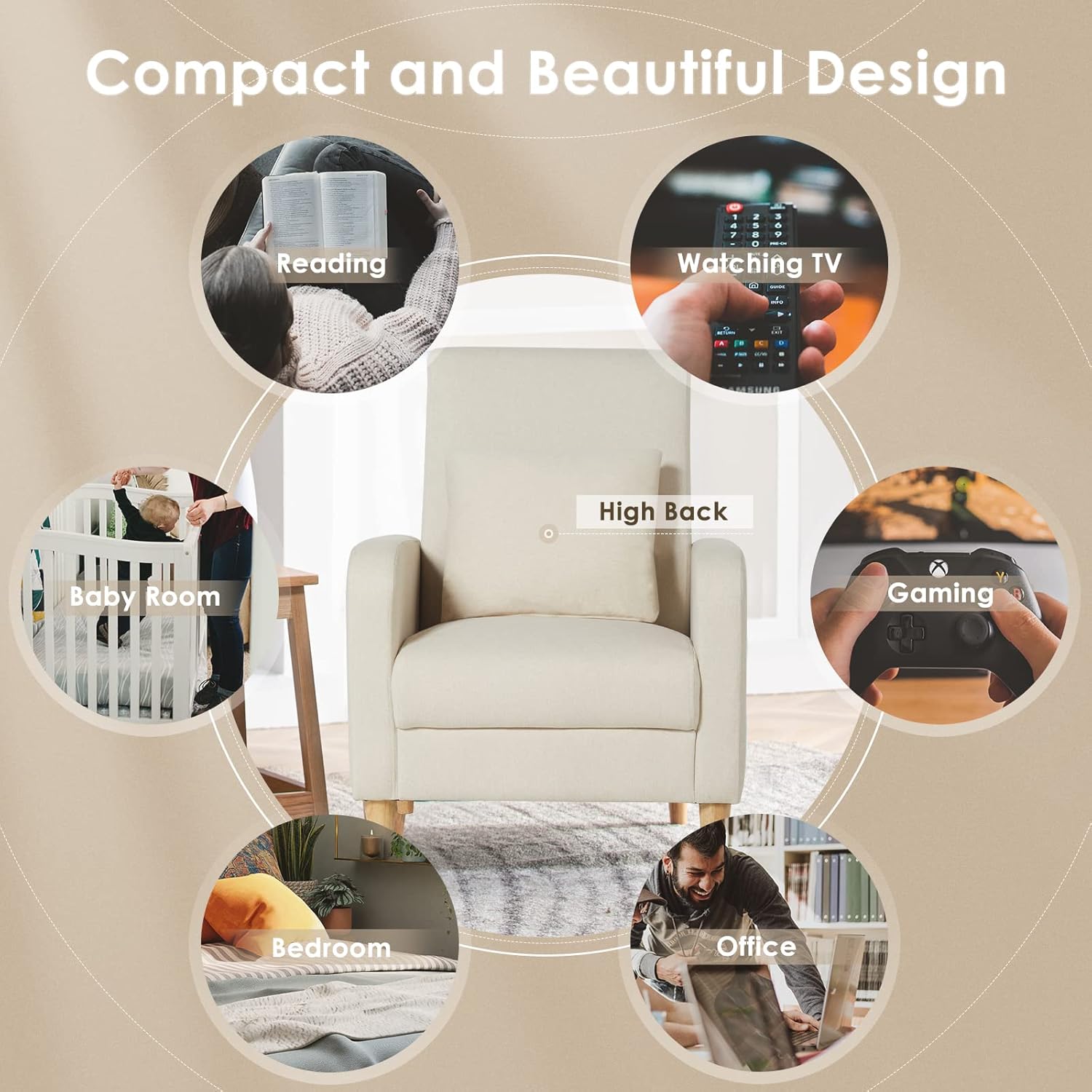 COLAMY Mid-Century Modern Accent Chair, Fabric Upholstered Living Room Chair with Back Pillow & Solid Wood Legs, Comfy Armchair for Living Room, Bedroom, Single Sofa, Beige