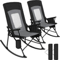 Romswi 2 Pack Rocking Camping Chair for Adult 400LBS Capacity, Heavy Duty Folding Rocking Chairs, Portable Outdoor Rocker with High Back & Hard Armrests for Camping, Beach, Patio, Backyard, Mesh Black
