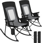 Romswi 2 Pack Rocking Camping Chair for Adult 400LBS Capacity, Heavy Duty Folding Rocking Chairs, Portable Outdoor Rocker with High Back & Hard Armrests for Camping, Beach, Patio, Backyard, Mesh Black