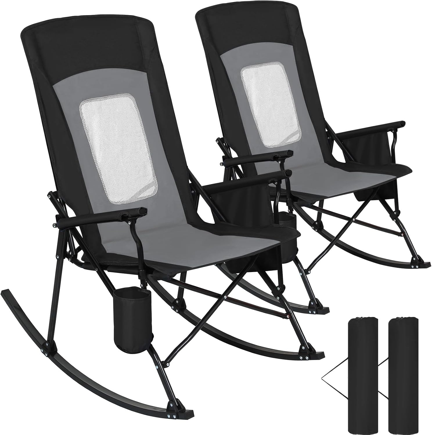Romswi 2 Pack Rocking Camping Chair for Adult 400LBS Capacity, Heavy Duty Folding Rocking Chairs, Portable Outdoor Rocker with High Back & Hard Armrests for Camping, Beach, Patio, Backyard, Mesh Black