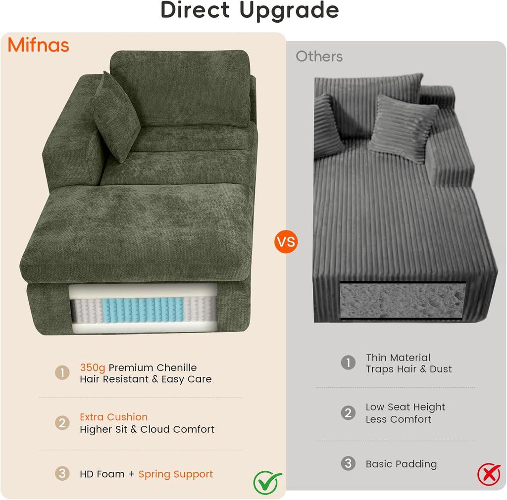 80.7" Oversized Double Chaise Lounge Chair Indoor, Cloud Sleeper Sofa Bed with 4 Pillows, Extra Deep Seat Cozy Loveseat Couch for Living Room Bedroom, No Assembly Required (Green)