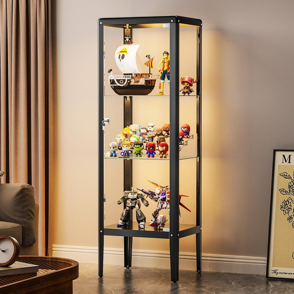 Ryoko Display Cabinet with Glass Door, Adjustable 3-Shelf Shelves, Curio Cabinet with LED Light, Glass Display Cabinet with Lock,Storage Cabinets, Dark Grey