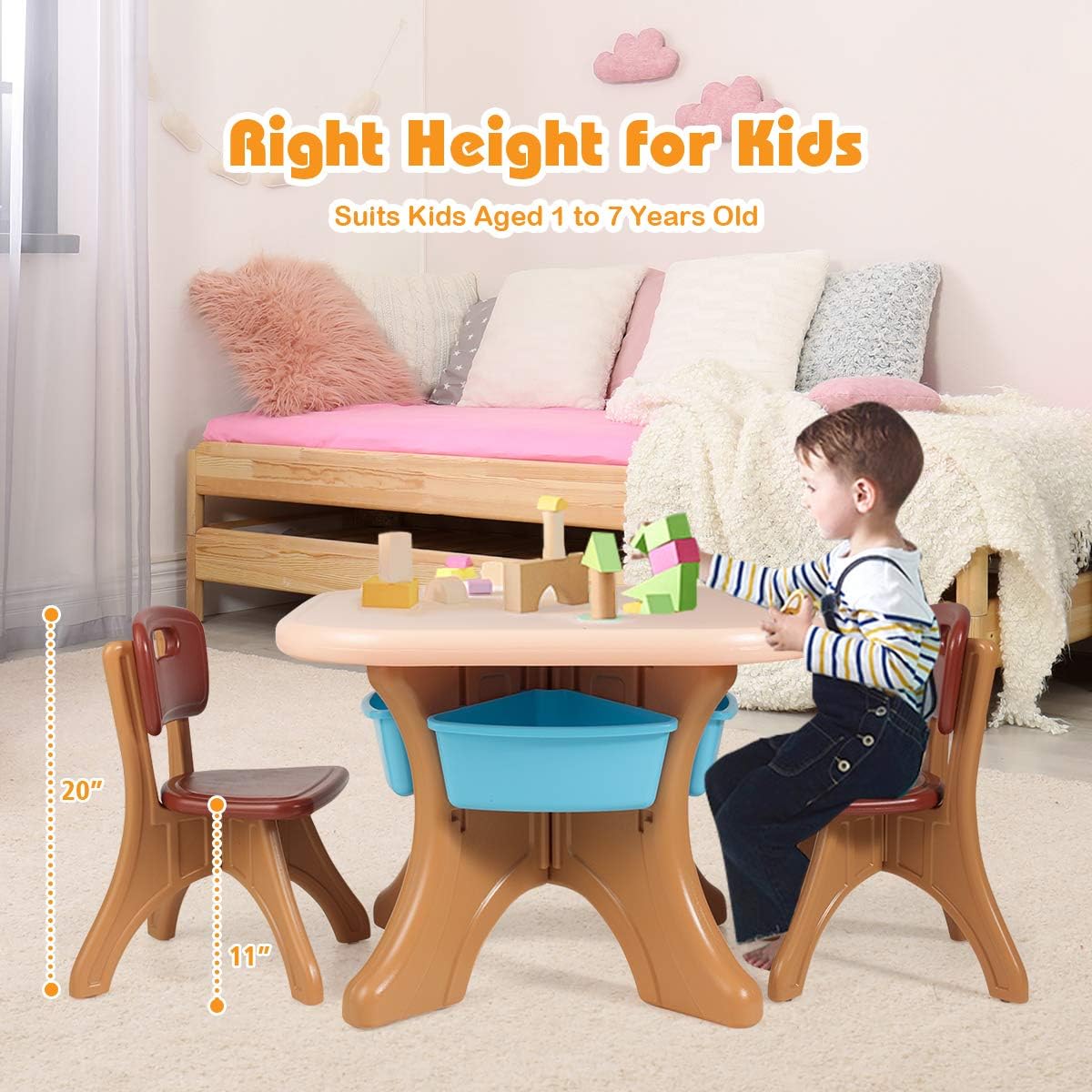GLACER Toddler Table and Chair Set - 3 Pieces Children Activity Table w/4 Storage Bins, Kids Play Table, Kids Table and Chairs for Reading, Drawing, Playroom, Snack Time