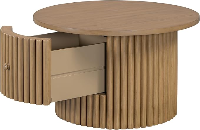 WILLIAMSPACE 30.5" Round Coffee Table with a Drawer, Modern Farmhouse Wood Circle Drum Center Table with Vertical Slat Base, Accent Side End Table for Living Room Apartment, Natural