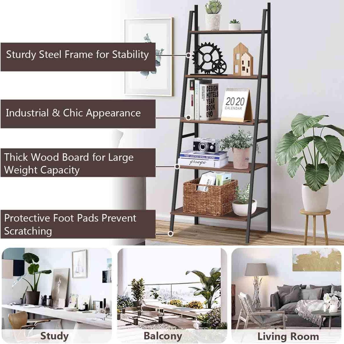 Tangkula Ladder Shelf (Set of 2), 5 Tier Industrial Bookcase, Multifunctional Display Bookshelf, Wooden Look Plant Flower Stand with Metal Frame, Decor Furniture for Home Office