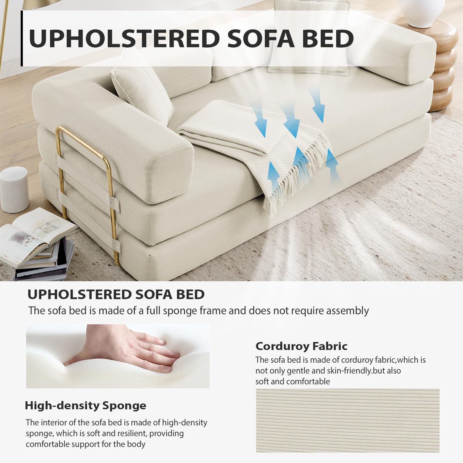 HANXIN 78 Inch Convertible Sleeper Sofa Bed, Folding Floor Mattress Couch with Fixed-Shape Frame, Futon Couch Lounge Loveseat with Pull Out Bed, No Assembly Required (Beige)
