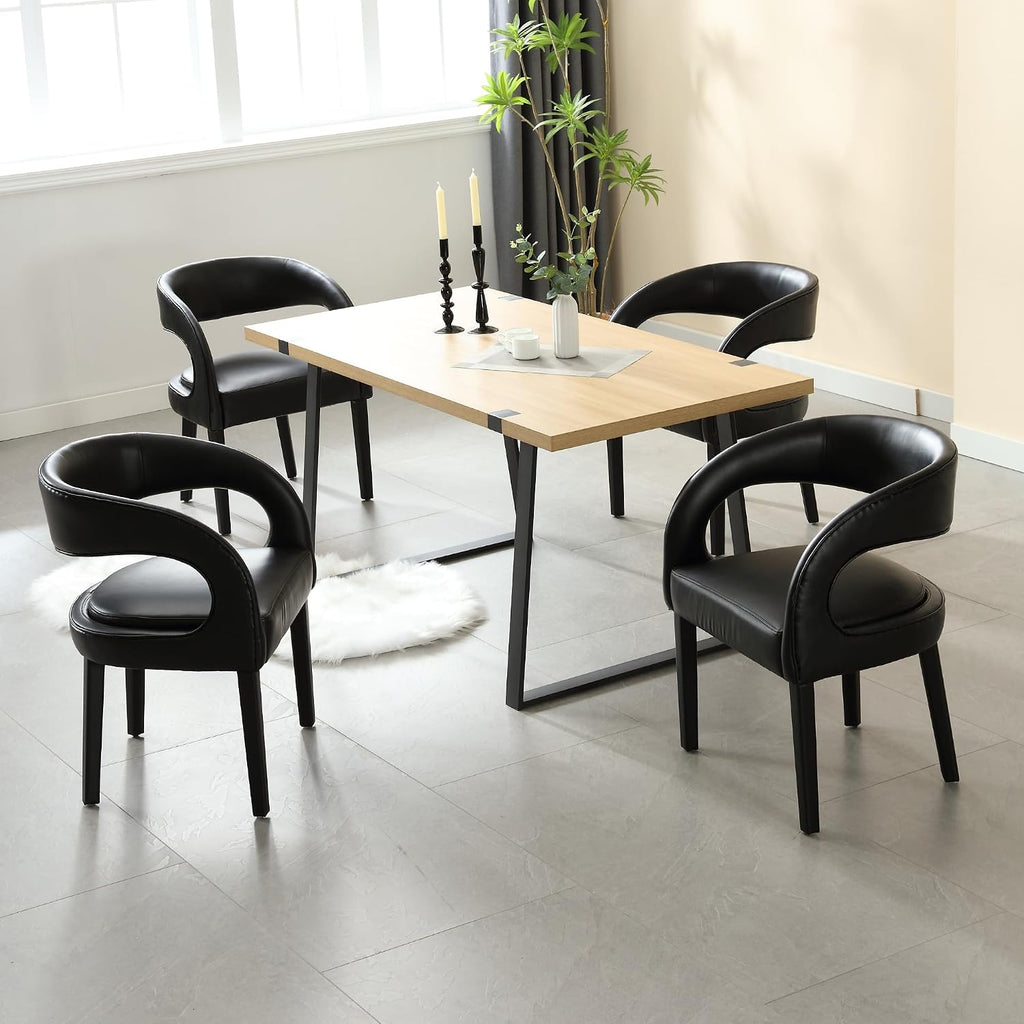 Shunzhi Black PU Leather Dining Chairs Set of 4, Modern Upholstered Dining Room Chairs, Barrel Kitchen Chairs with Arms/Open Back, Comfy Accent Side Chairs for Bedroom/Living Room
