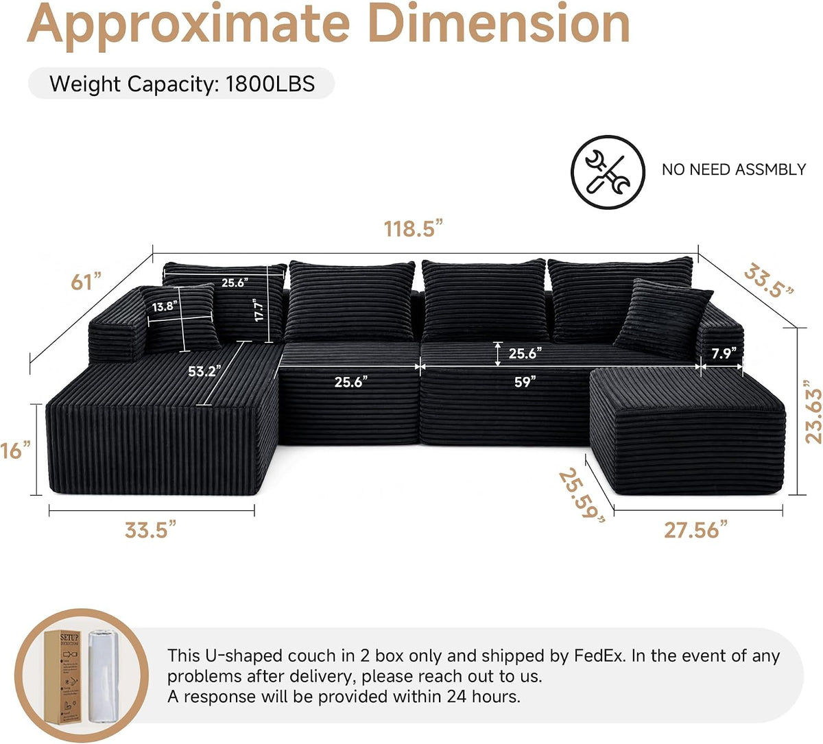 118" U-Shaped Sectional Couches for Living Room - Black | Modular Sectional Sofa with Chaise and Ottoman, High-Density 30D Memory Foam Cloud Couch, No-Assembly (Left Facing Chaise)
