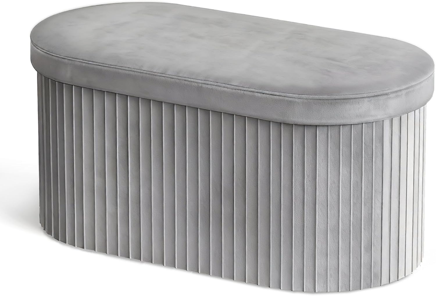 GLAXYFUR Folding Storage Ottoman, Velvet Upholstered Foot Rest, 30 Inches Oval Storage Bench for Bedroom, Living Room & Entryway (Light Grey)