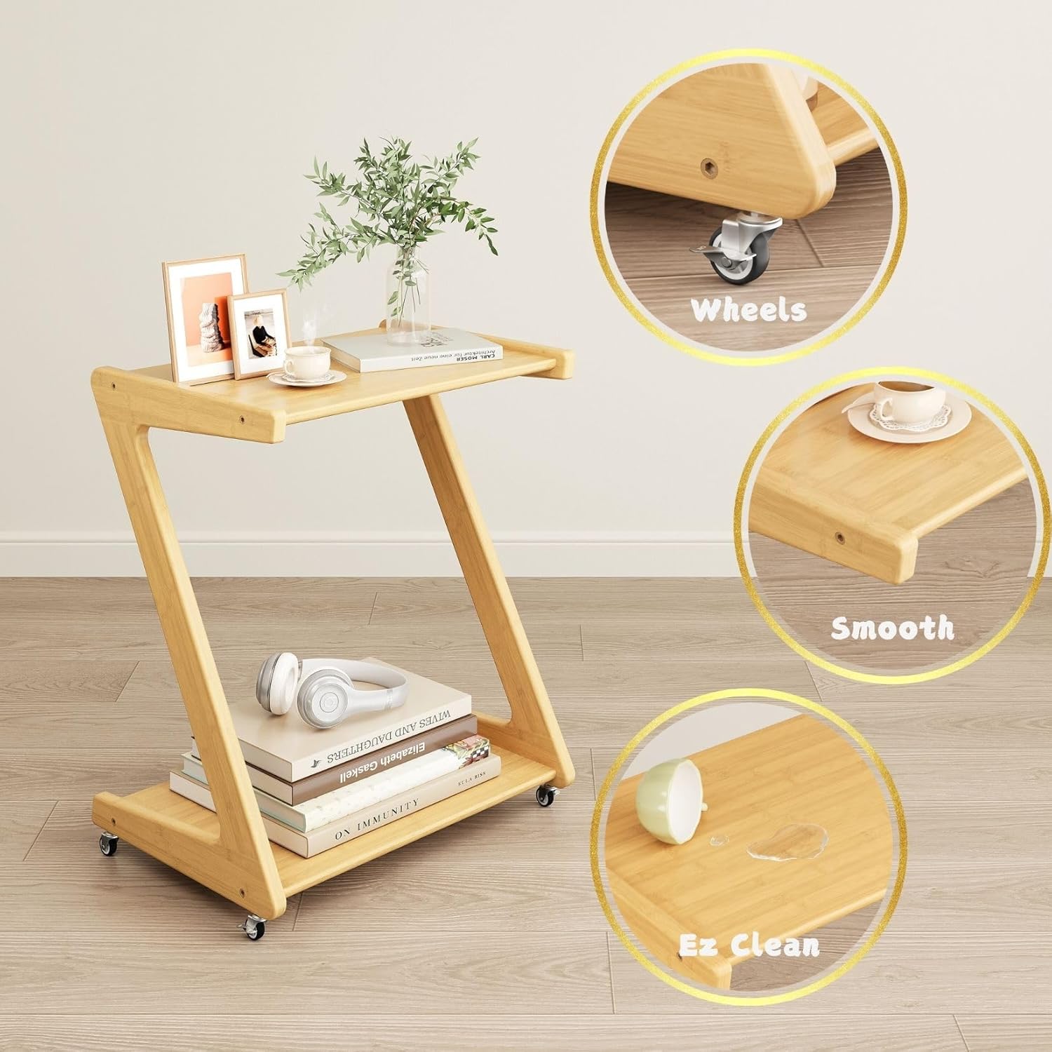 Auroral Zone Solid Wood Rolling Side Table with 2 Tiers, Mobile Z-Frame Snack Cart Or Coffee Table for Living Room, Bedroom & Sofa Use, Easy to Move