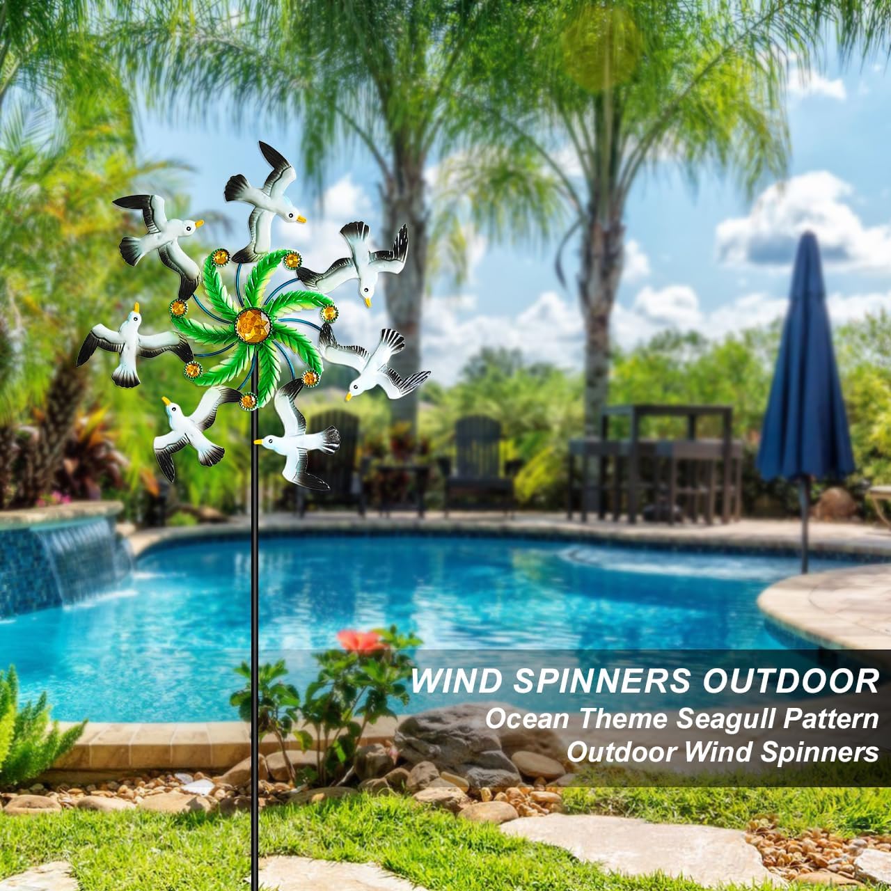 Seagull Wind Spinners - 39" Ocean-Themed Metal Wind Sculptures Garden Stake Art, 13.5” Windmill Yard Kinetic, Outdoor Decor for Patio & Lawn - Metal Beach Sculpture with Seagull Design