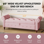 63" Wide Storage Bench, Velvet Upholstered End of Bed Bench with Pull Ring Design, Storage Shoe Cabinet Bench with Rolled Arm, Modern Window Bench for Bedroom (Pink)