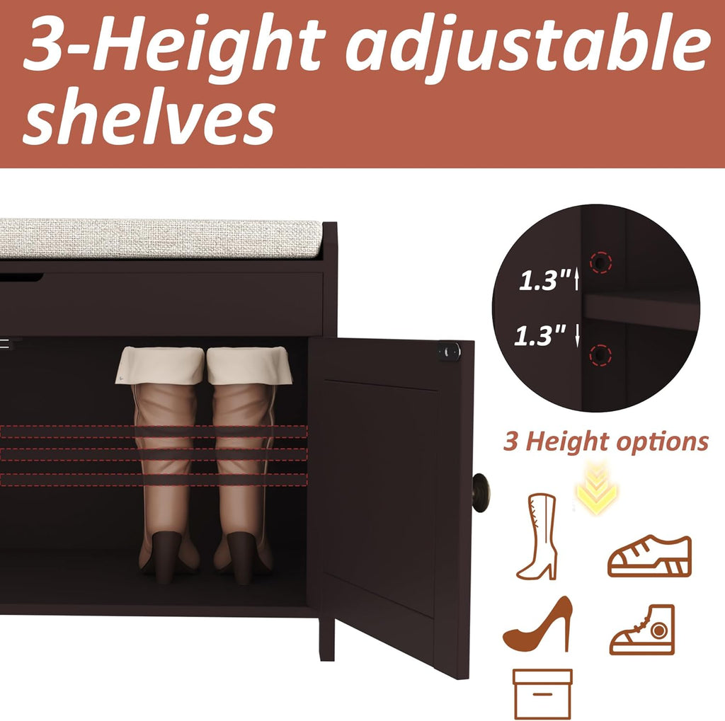 HOMEFORT 54.4" Shoe Bench with Lift Top Storage, Entryway Bench with Cushioned Seat, Wooden End of Bed Bench, Shoe Cabinet Bench with Hidden Storage Space, for Bedroom, Hallway,Espresso