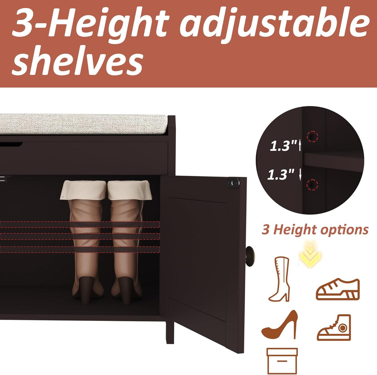 HOMEFORT 54.4" Shoe Bench with Lift Top Storage, Entryway Bench with Cushioned Seat, Wooden End of Bed Bench, Shoe Cabinet Bench with Hidden Storage Space, for Bedroom, Hallway,Espresso