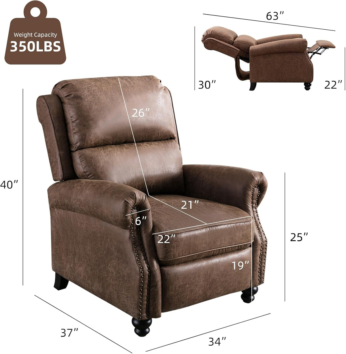 CANMOV Pushback Recliner Chair Faux Leather Armchair Push Back Recliner with Rivet Decoration Single Sofa Accent Chair for Living Room, Chocolate