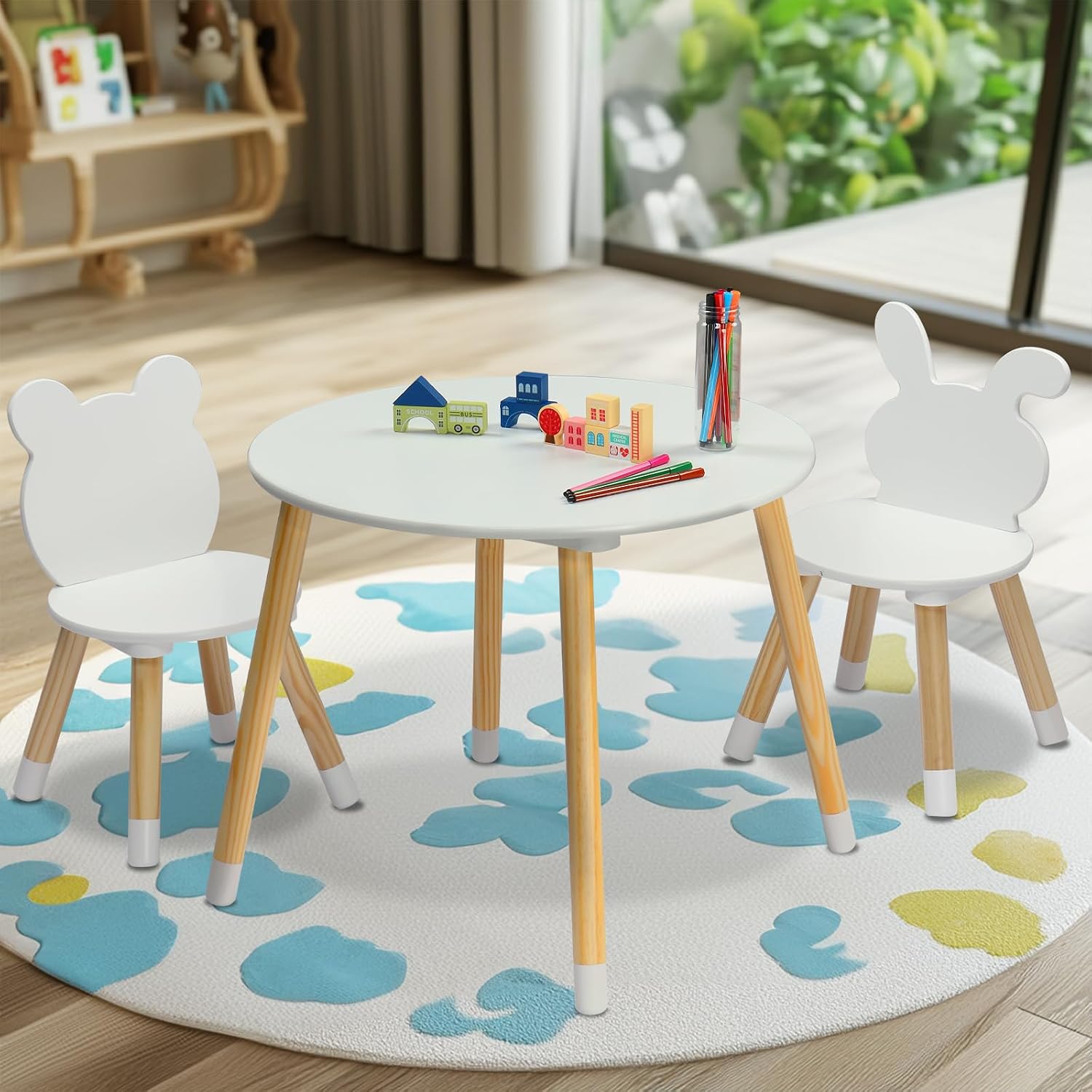 3 Pieces Multi-Activity Round Tables,Wood Table and Chairs Set,Study Dining Reading Table Set,Wooden Modern Activity Tables,with Bear & Bunny Seat Back,for Living Room, Bedroom, Playroom (White)