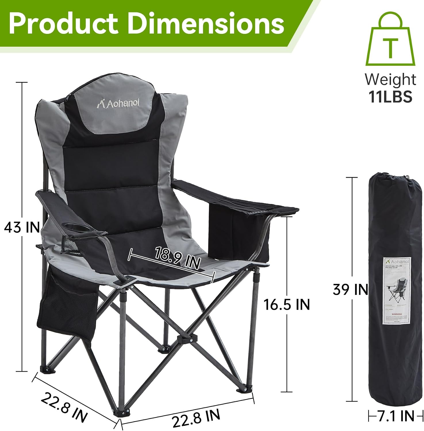 Aohanoi Camping Chairs for Heavy People,Folding Lawn Chairs for Outside Heavy Duty,Outdoor Oversized Chairs for Adult with Cup Holder and Large Cooler Bag,Beach Camp Chairs Supports up to 500lbs