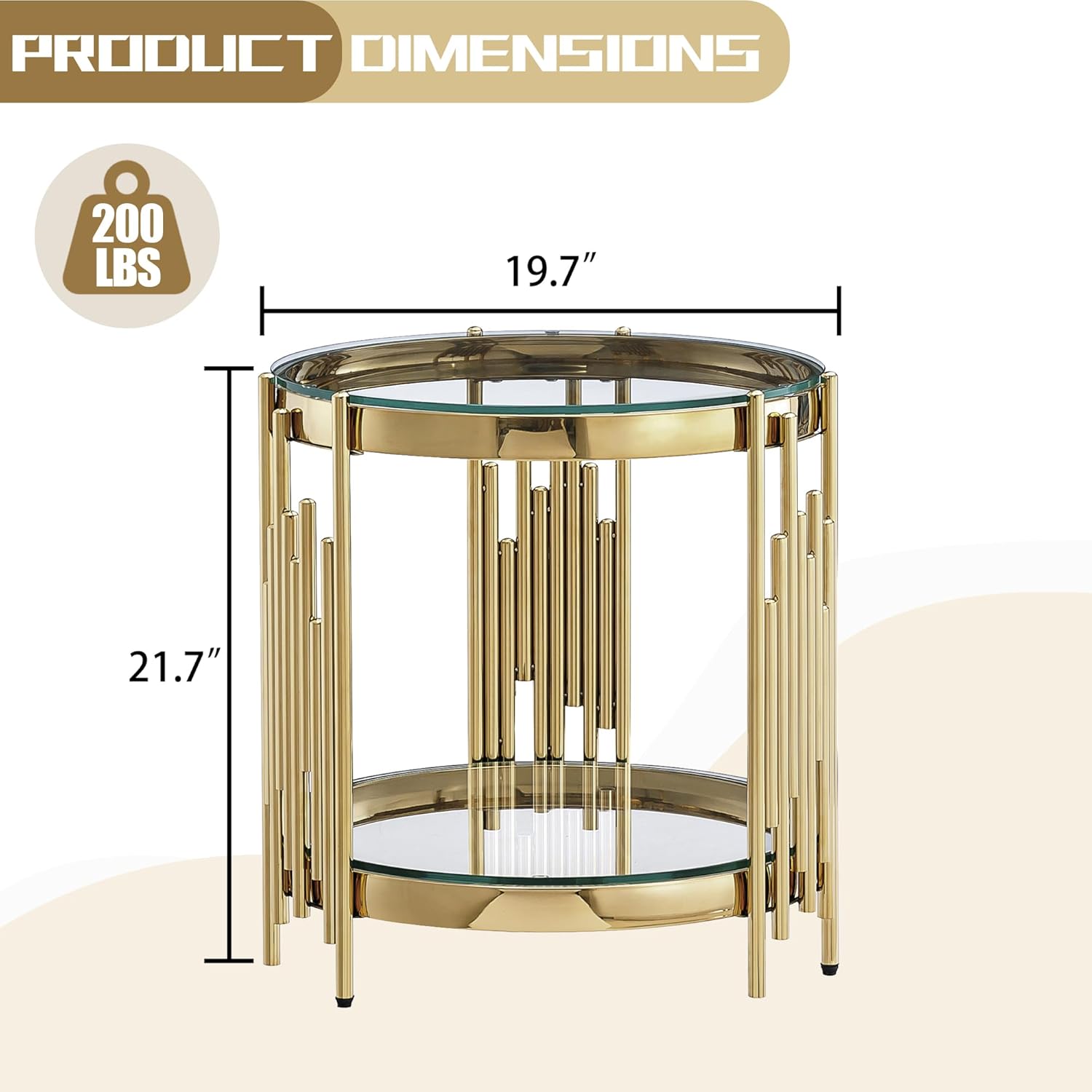 Round Glass End Table, 19" Modern 2-Tier Side Table with Clear Tempered Glass Top and Gold Stainless Steel Base for Living Room or Bedroom